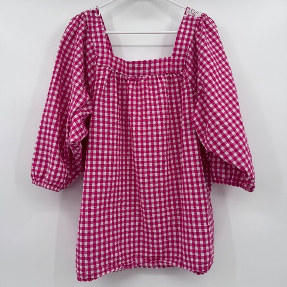 Woman Within Top Women 3X Pink Gingham Cottage Embroidered 3/4 Sleeves Square - Picture 3 of 13
